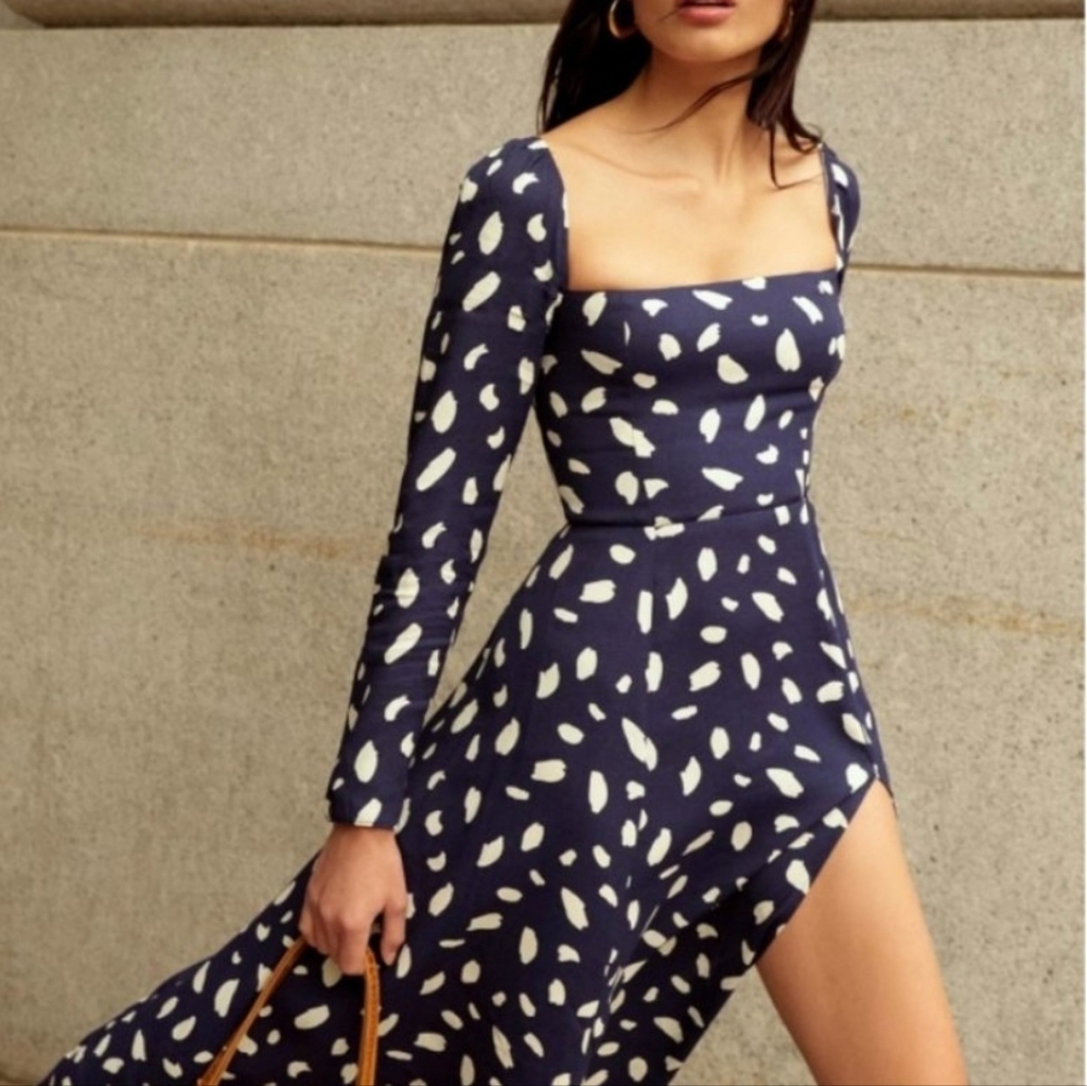 Reformation Navy Blue and White Printed Midi Dress
